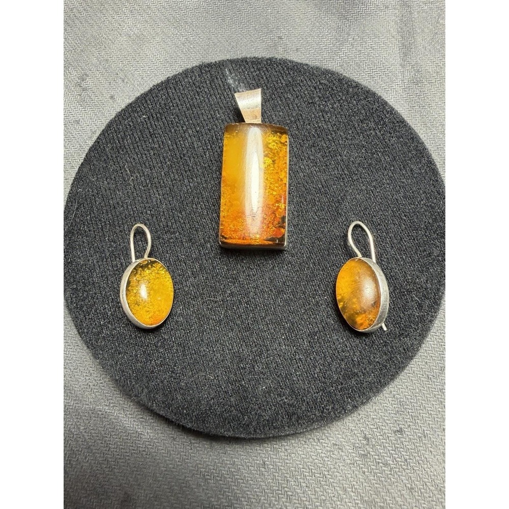 Vintage Baltic Amber Sterling‎ Silver Pendant & 925 Earrings Set
